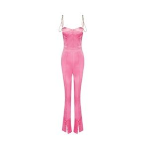 Luxedress Luxury Rhinestone Strap Split Front Bustier Corset Satin Jumpsuit